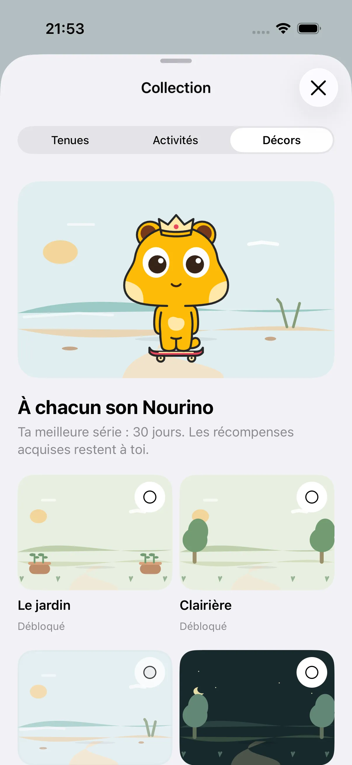 Collection Nourino : le compagnon avec une couronne et un skate, et les décors à débloquer.