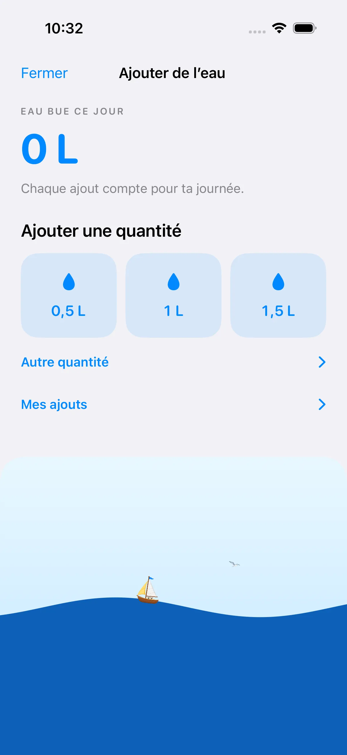 Écran d’ajout d’eau de Nourino avec le total du jour et trois quantités proposées.