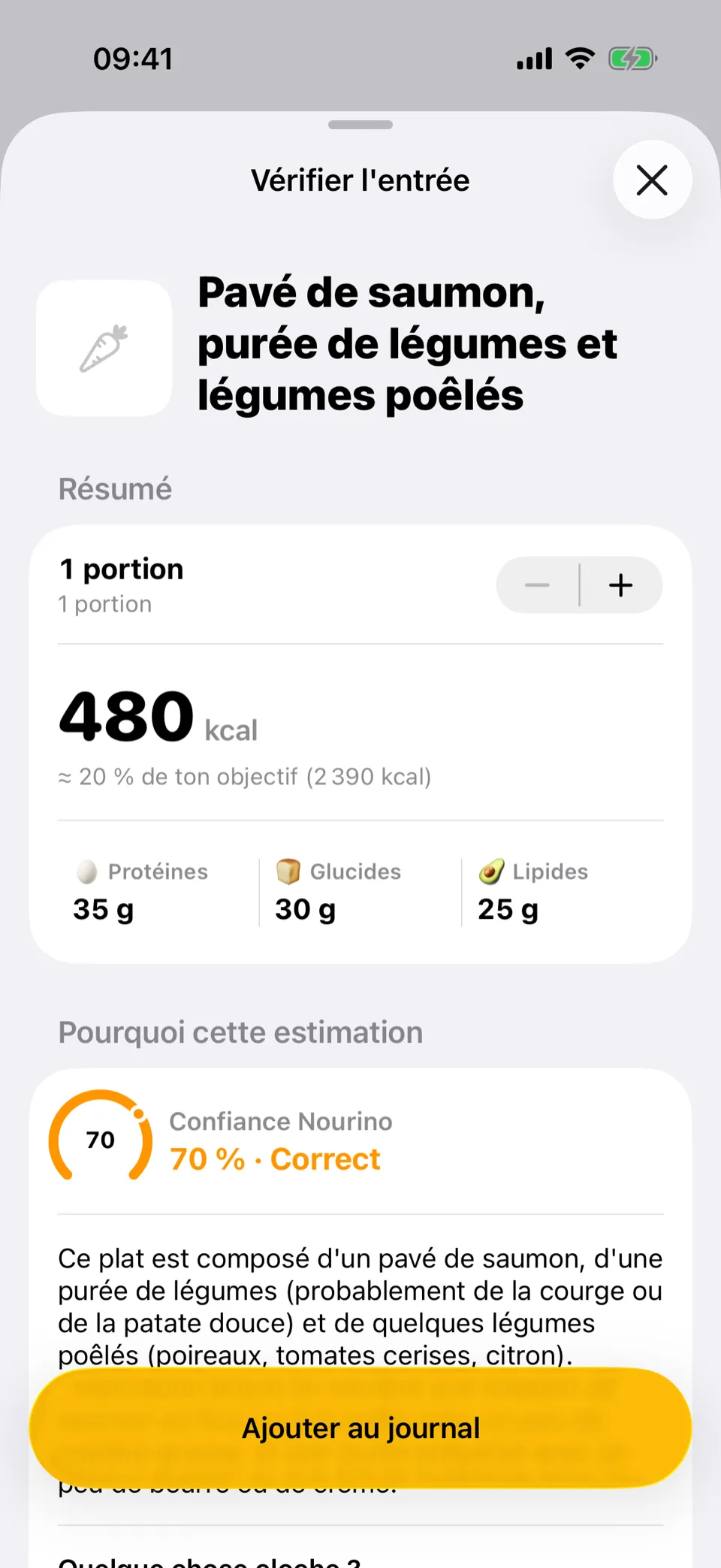 Vérification d'une analyse photo dans Nourino : le plat reconnu avec ses calories et macros avant l'ajout au journal.