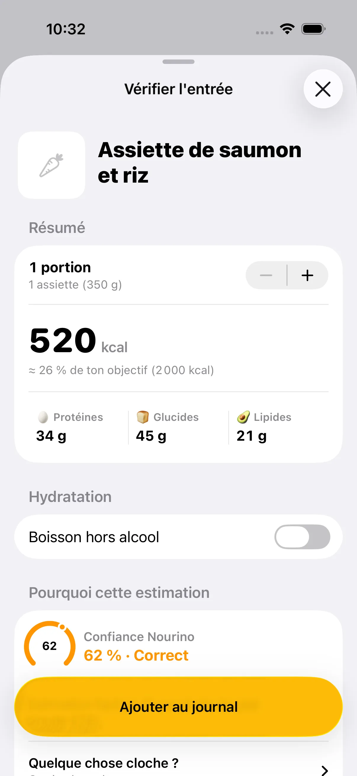 Vérification d'une analyse photo dans Nourino : le plat reconnu avec ses calories et macros avant l'ajout au journal.