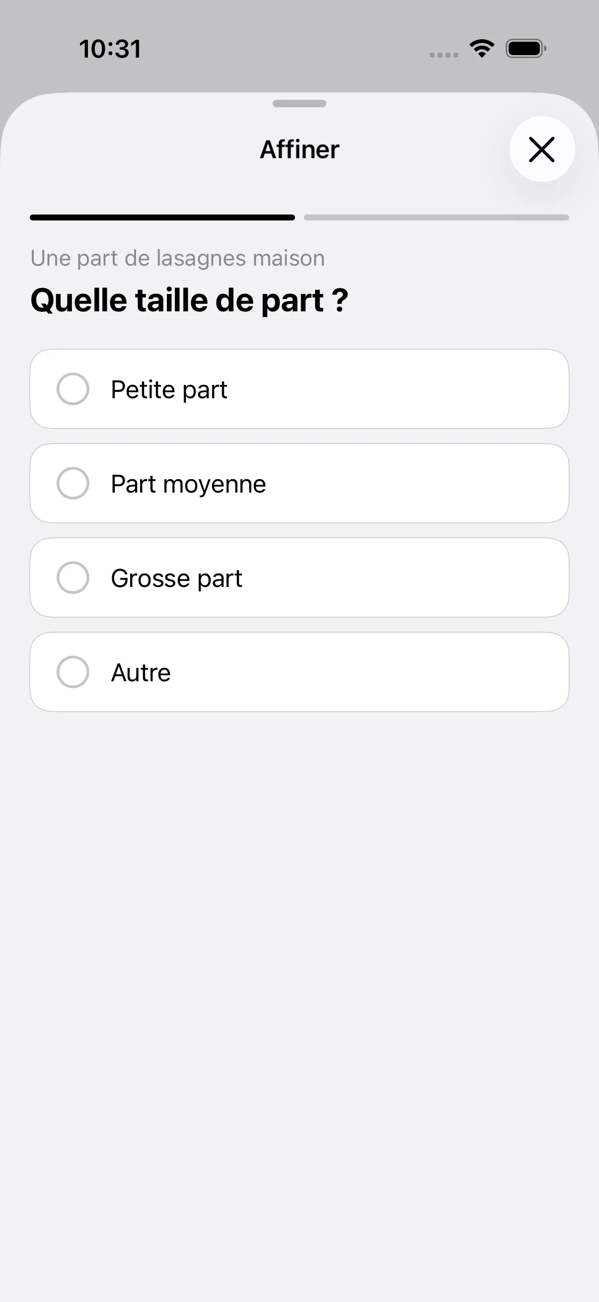 Écran Affiner de Nourino : une question sur la taille de la portion avec des choix concrets à sélectionner.