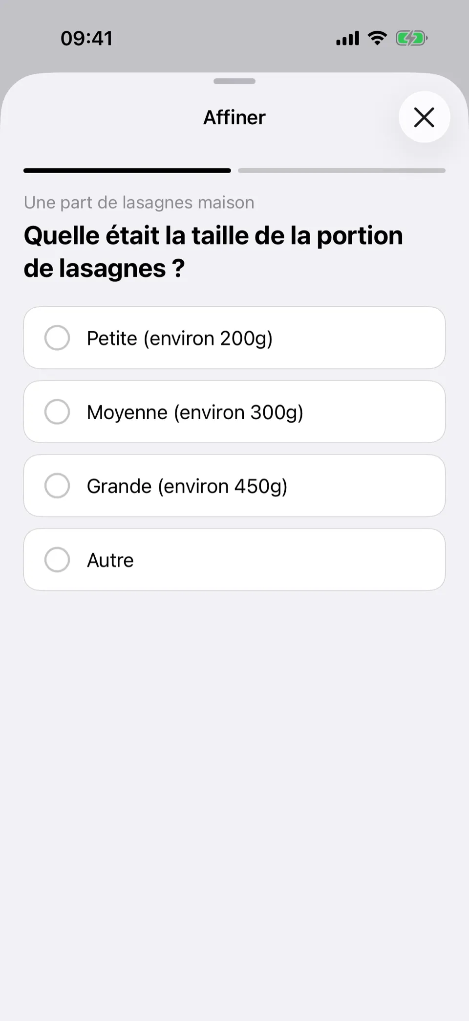 Écran Affiner de Nourino : une question sur la taille de la portion avec des choix concrets à sélectionner.