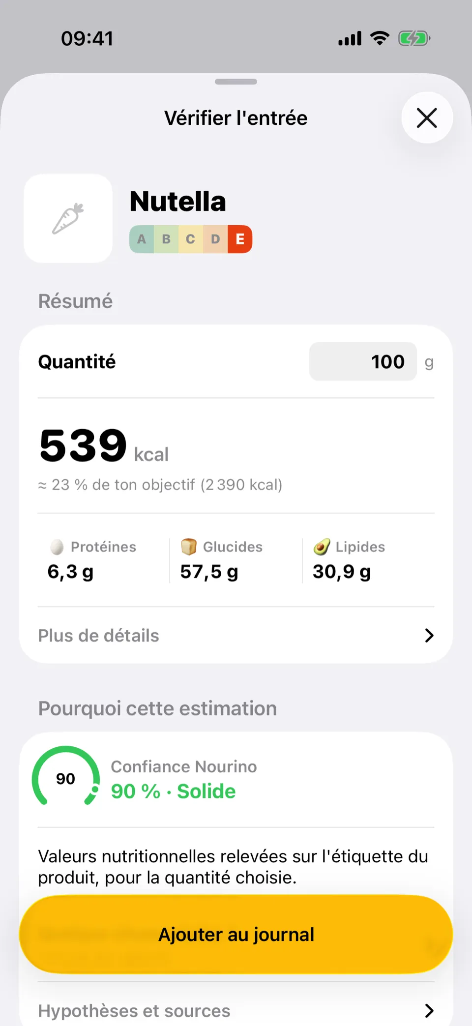 Produit scanné dans Nourino : nom, portion réglable et valeurs nutritionnelles avant l'ajout au journal.
