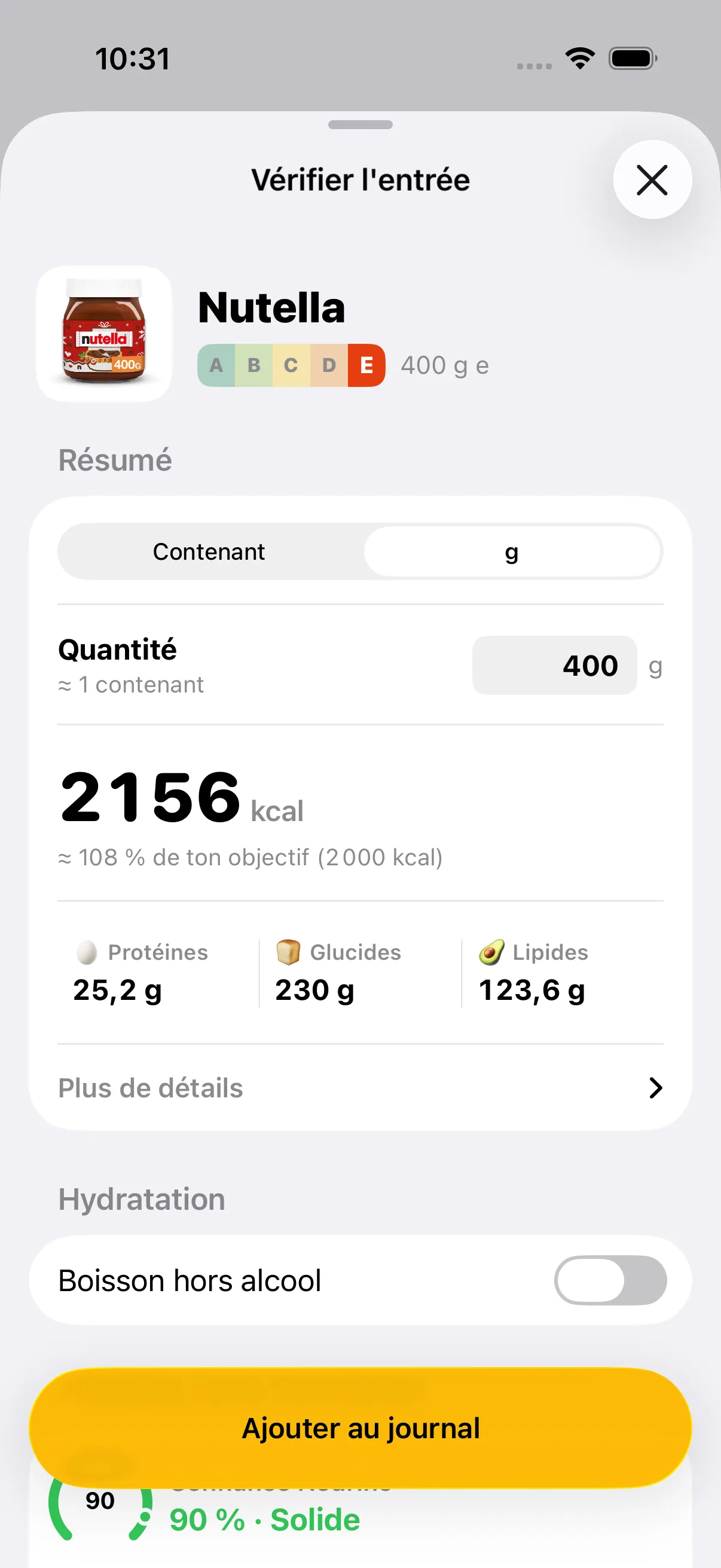 Produit scanné dans Nourino : nom, portion réglable et valeurs nutritionnelles avant l'ajout au journal.